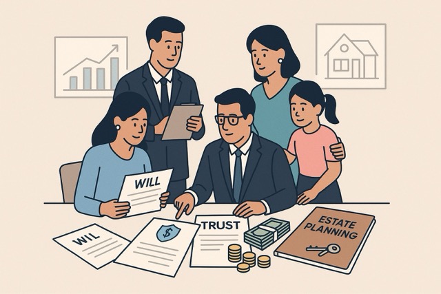 Professionals and family members discussing wills, trusts, and asset planning in a financial meeting