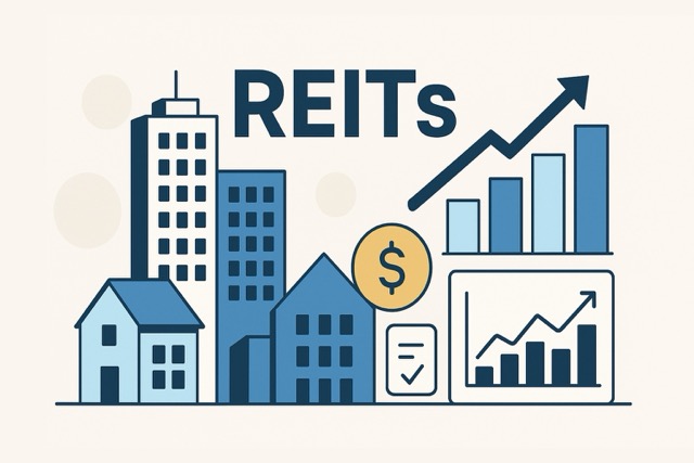 Vector illustration of real estate assets and financial charts representing REIT investments