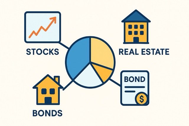 Vector illustration showing multiple asset classes including stocks, bonds, real estate, and commodities as part of a diversified portfolio