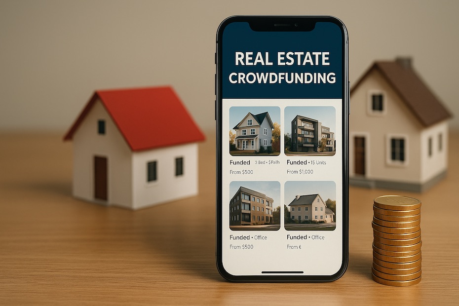 Minimal vector showing smartphone, real estate icons, and stacked coins