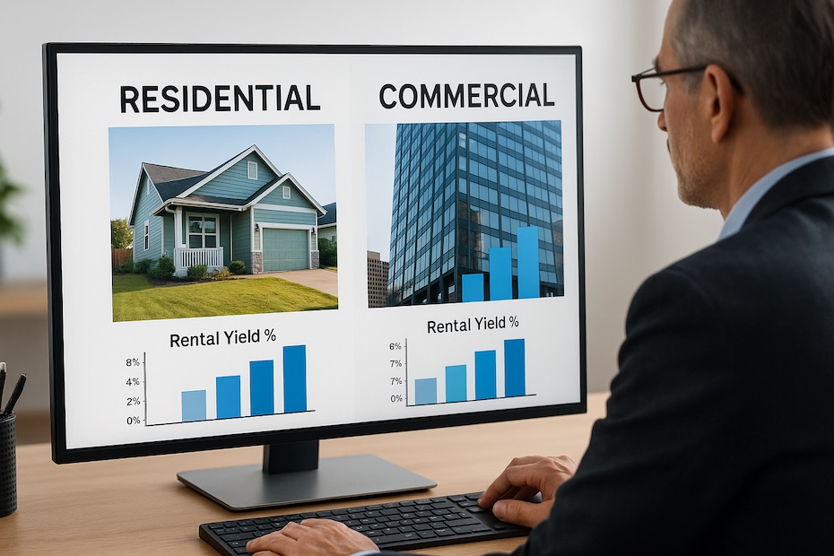 Investor comparing residential homes and commercial buildings on a screen
