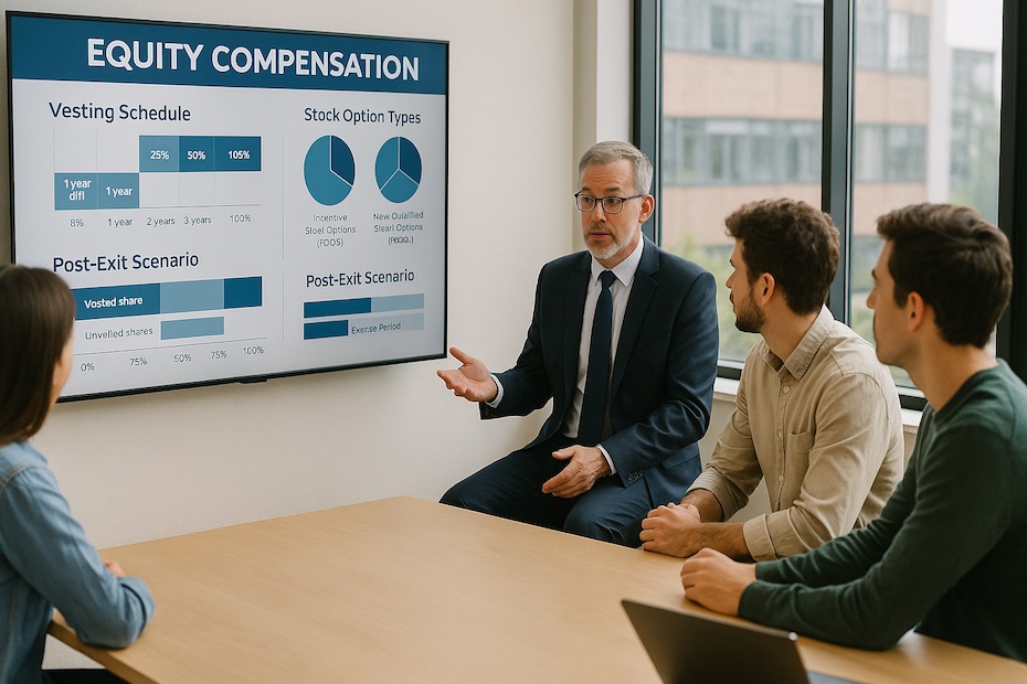 Legal advisor explaining startup equity terms to employees