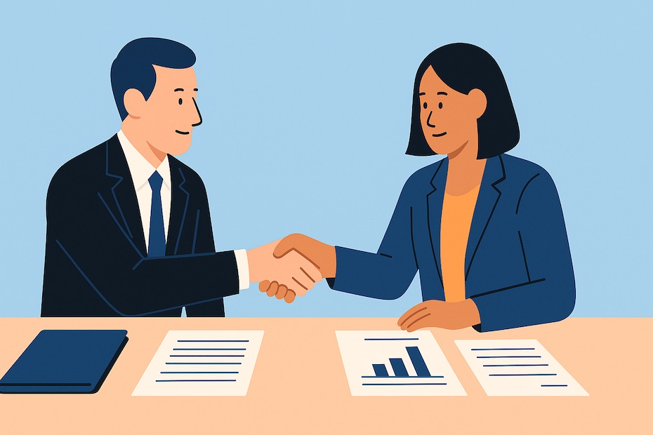 Two business professionals shaking hands over a desk with legal documents, representing an international joint venture agreement.