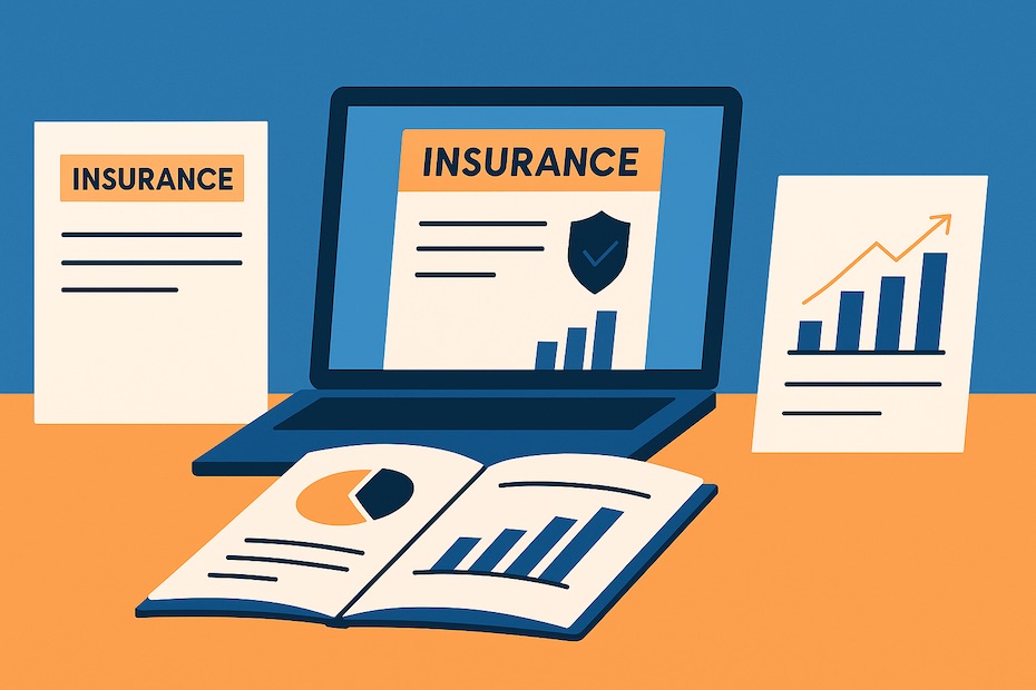 A financial workspace with documents, laptop, and charts representing entrepreneur insurance planning.