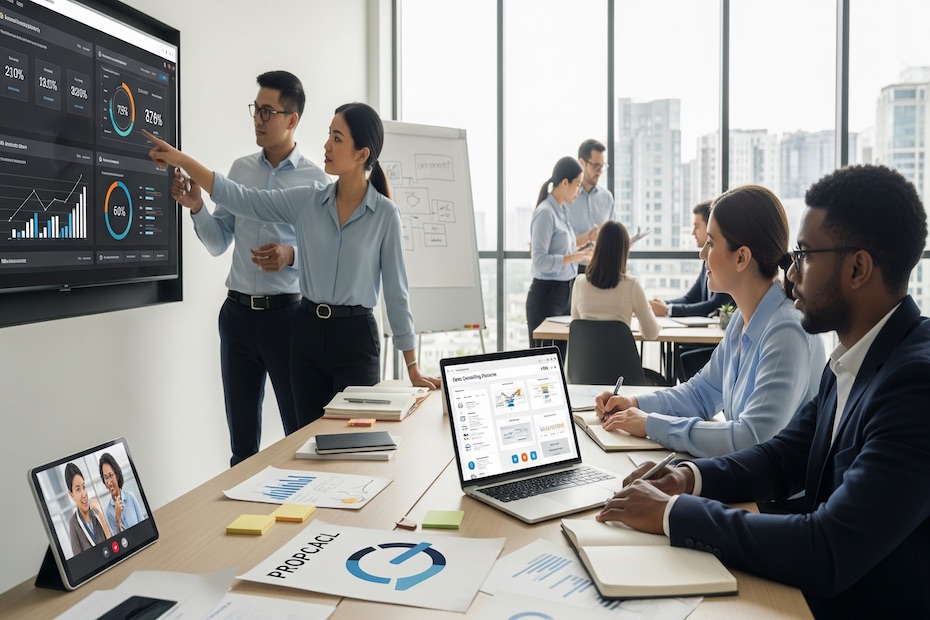 Business consultants reviewing project dashboards, CRM data, billing software, and proposal platforms on digital screens.