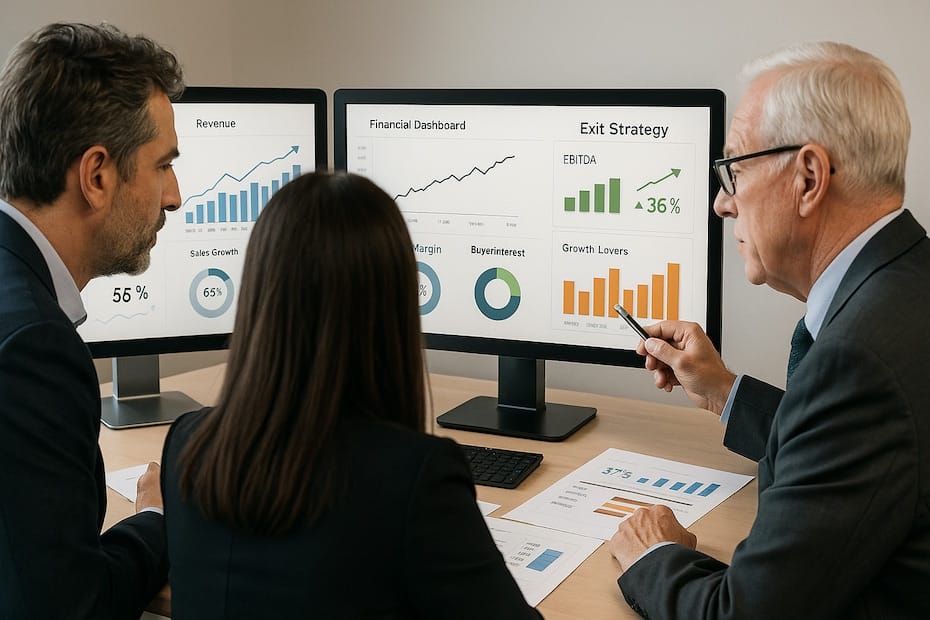 Executives analyzing private equity exit strategy with dashboards showing financial metrics and buyer interest.