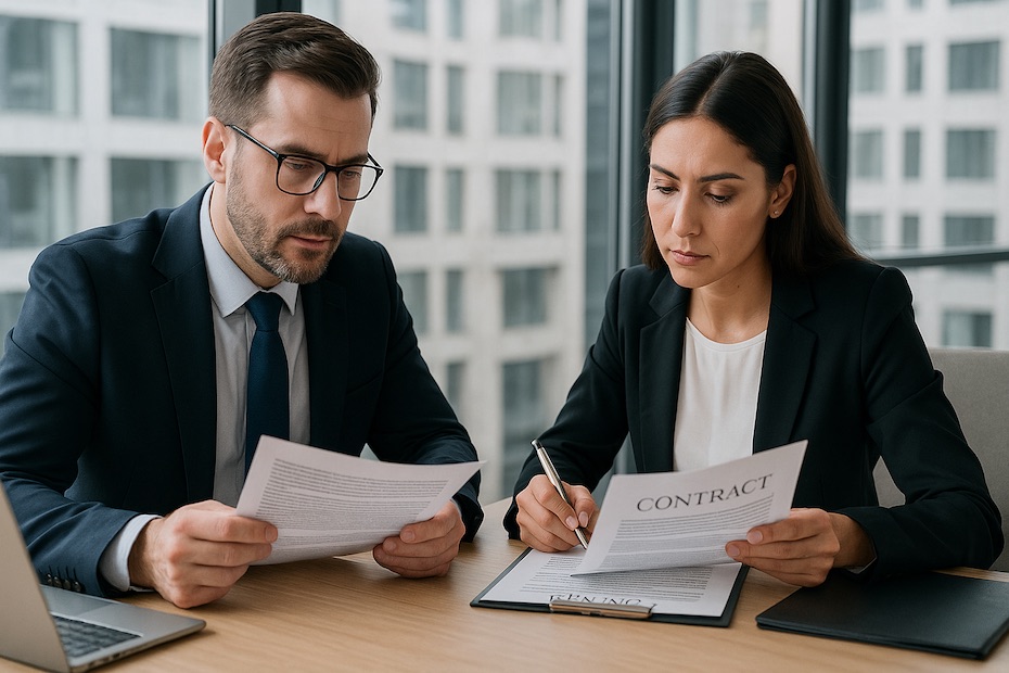 Business professionals reviewing international cross-border contract terms in a modern office.