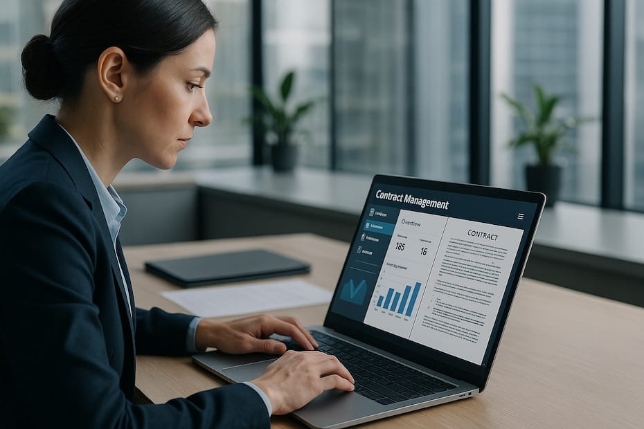 In-house legal counsel analyzing digital contract management software on a laptop in a modern office.