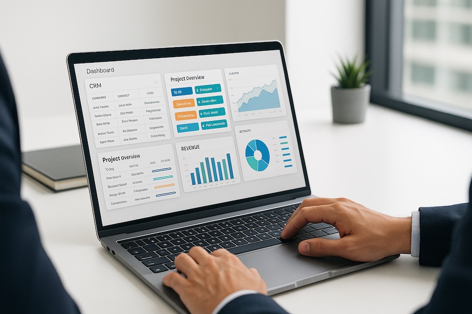 Consultant using digital tools on a laptop to manage projects, clients, and analytics inside a modern office.
