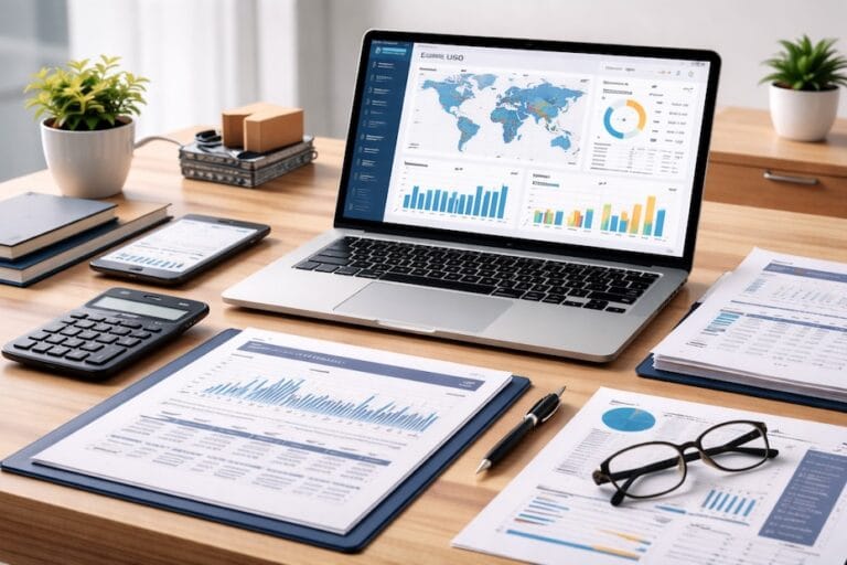 Professional desk showing international e-commerce dashboards and logistics data