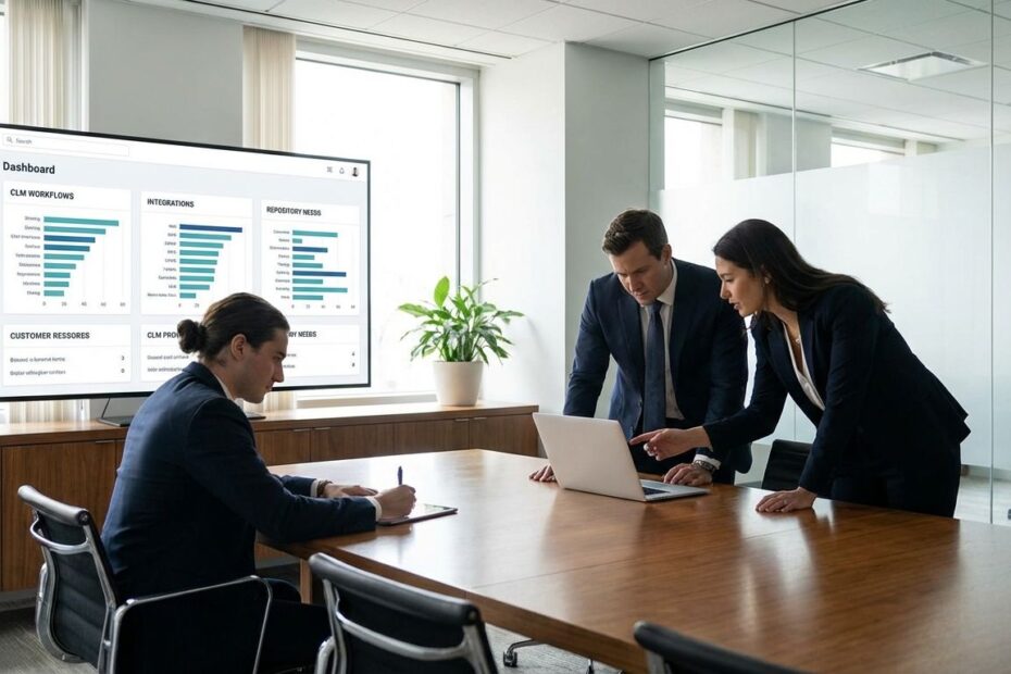 In-house legal team evaluating contract management software options on a laptop during a contract review meeting