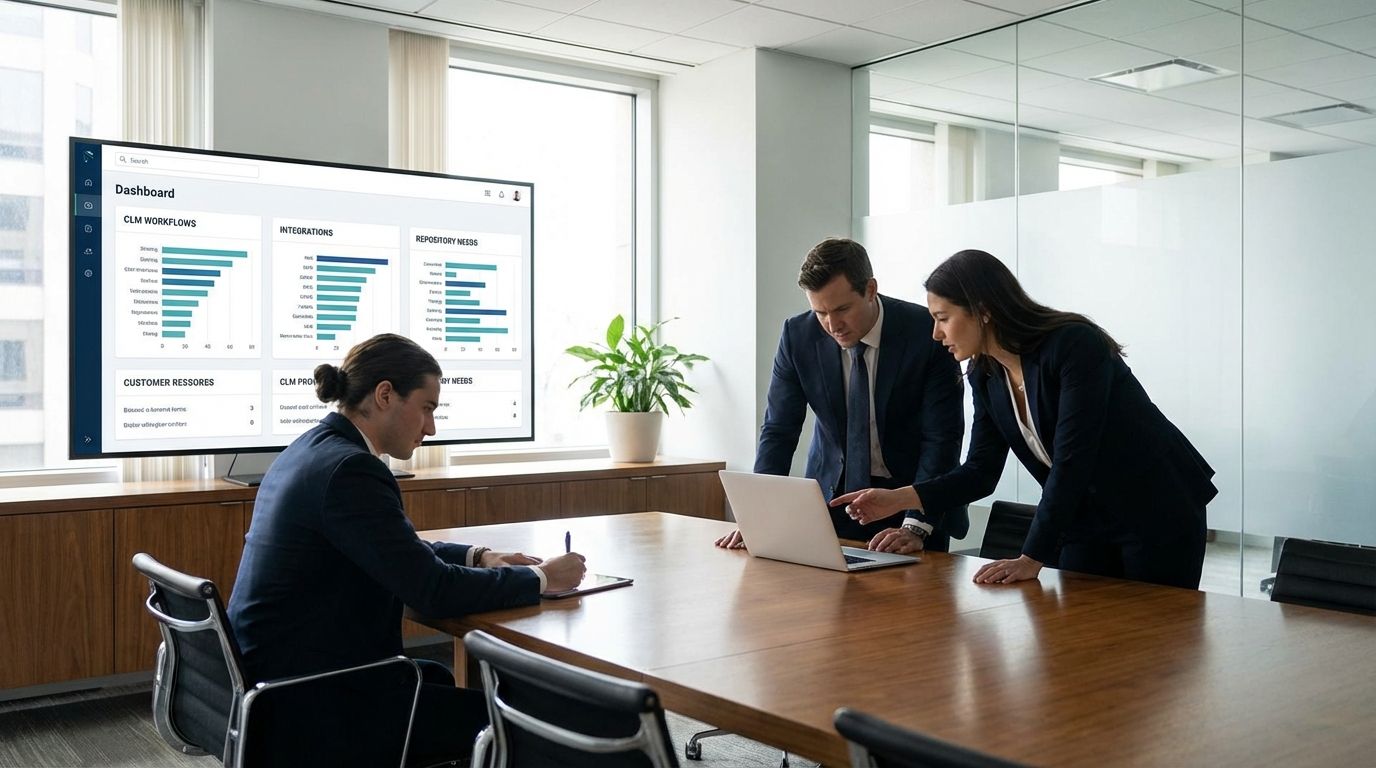 In-house legal team evaluating contract management software options on a laptop during a contract review meeting