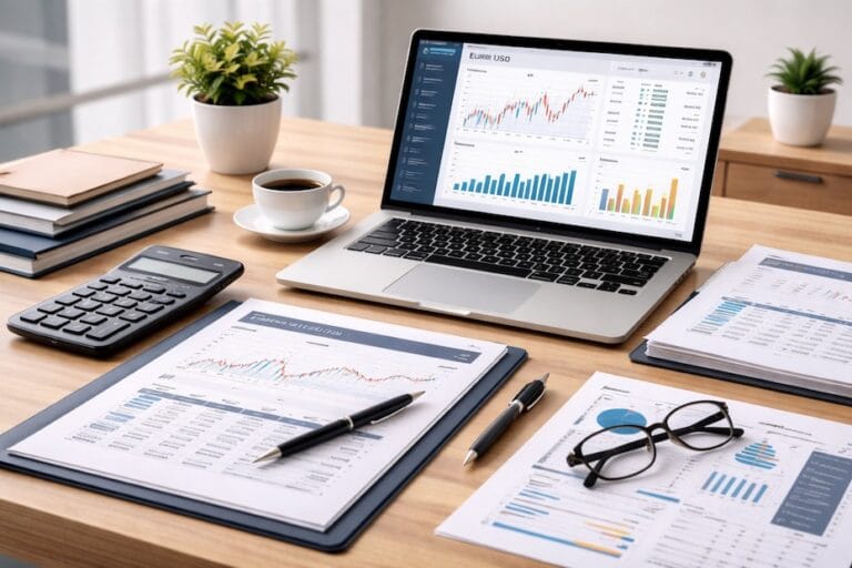 Professional desk with foreign exchange rate charts and financial planning notes