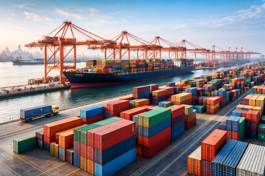 Global shipping containers at a major port showing international trade
