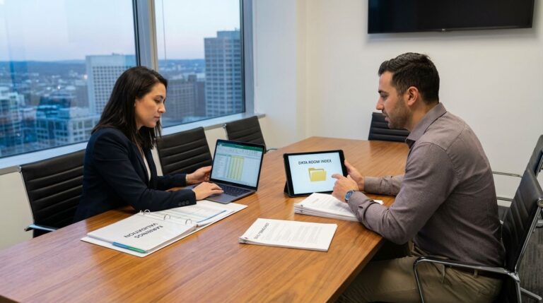 Founder and CFO reviewing a due diligence checklist and financial reports in a data room before a private equity buyout