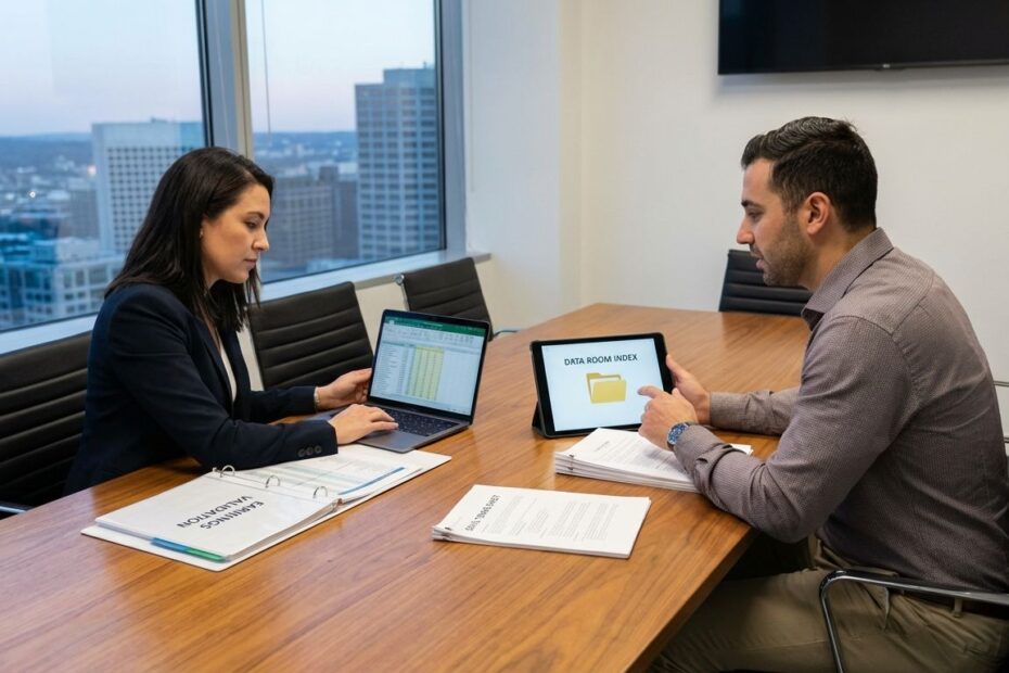 Founder and CFO reviewing a due diligence checklist and financial reports in a data room before a private equity buyout
