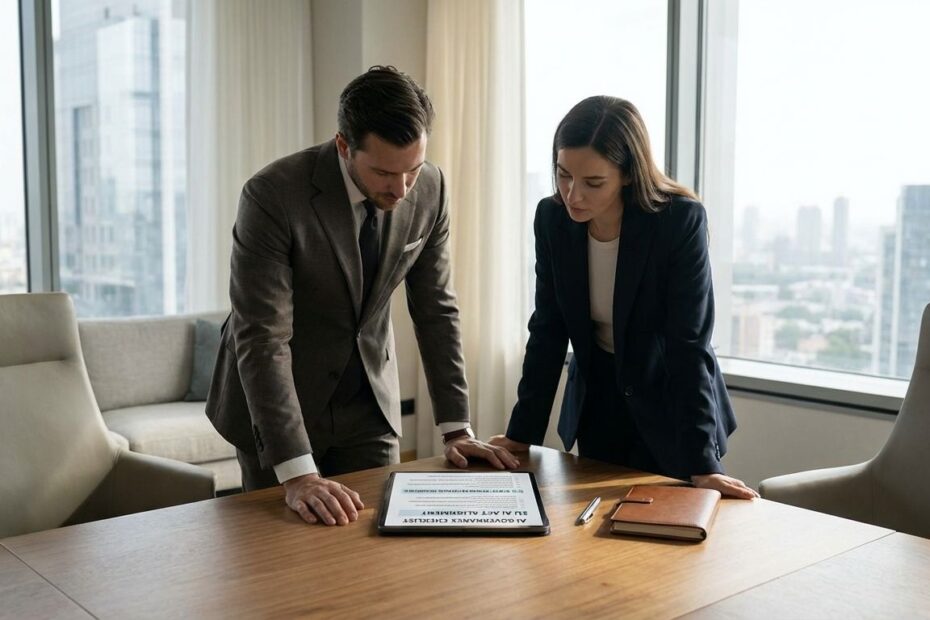 Business leaders reviewing AI governance and compliance documents for EU AI Act and U.S. high-risk AI rules