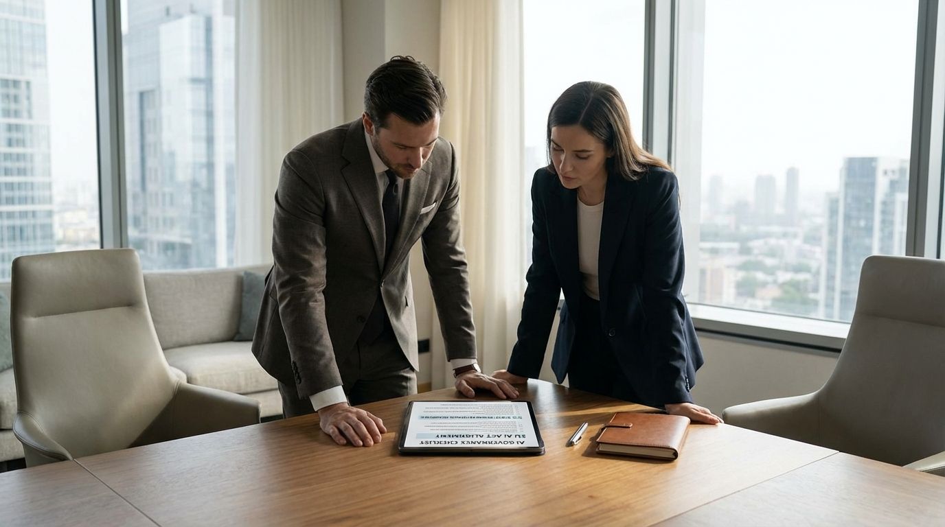 Business leaders reviewing AI governance and compliance documents for EU AI Act and U.S. high-risk AI rules