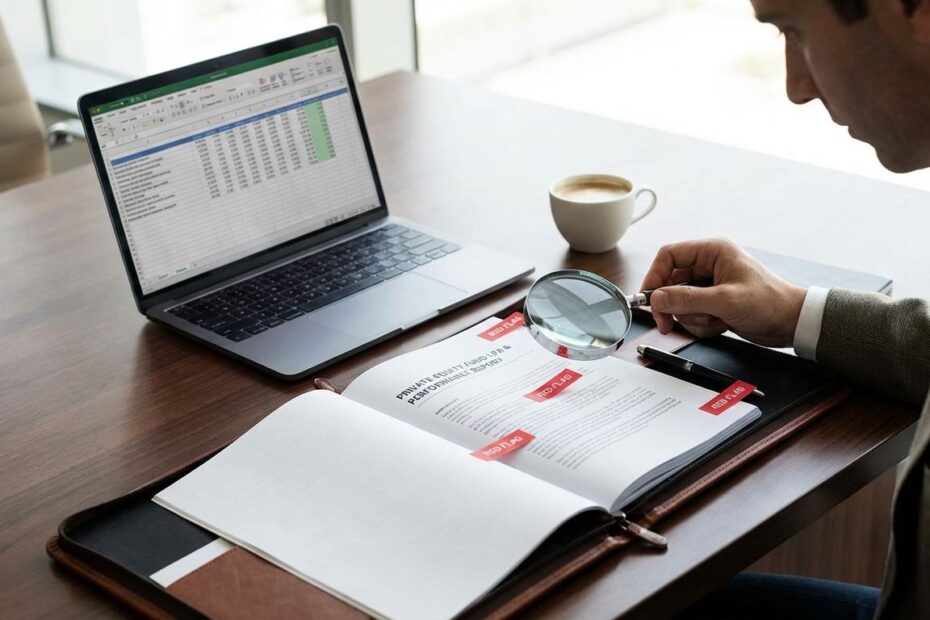 Investor reviewing a private equity fund LPA and performance report for red flags before investing