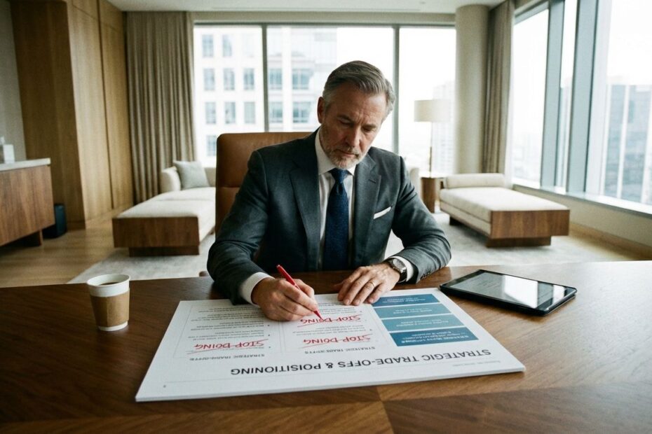 Executive in a meeting crossing out a strategy roadmap to highlight trade-offs and hard choices.