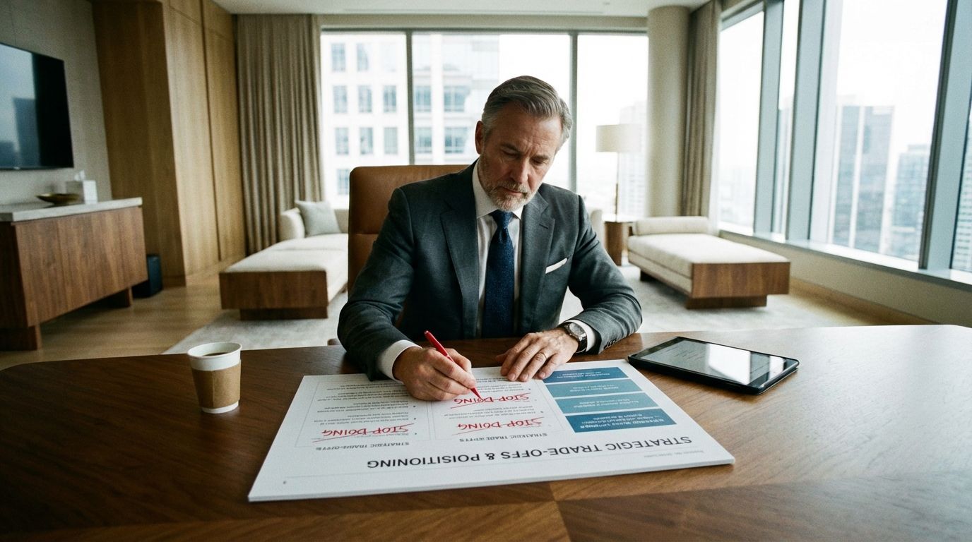 Executive in a meeting crossing out a strategy roadmap to highlight trade-offs and hard choices.