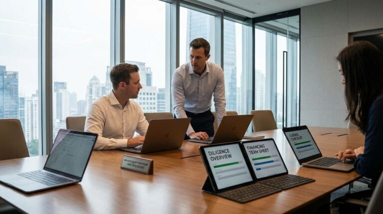 Deal team reviewing a private equity acquisition checklist and LOI timeline at a conference table