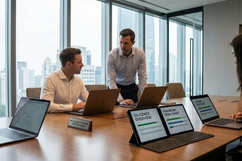 Deal team reviewing a private equity acquisition checklist and LOI timeline at a conference table