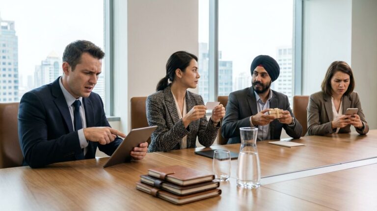 Businesspeople from different cultures in a meeting room, reviewing documents and exchanging business cards during an international negotiation.