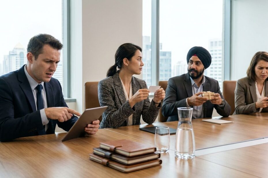 Businesspeople from different cultures in a meeting room, reviewing documents and exchanging business cards during an international negotiation.