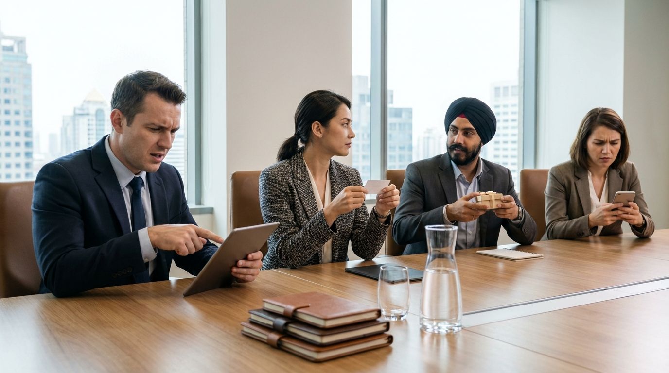 Businesspeople from different cultures in a meeting room, reviewing documents and exchanging business cards during an international negotiation.