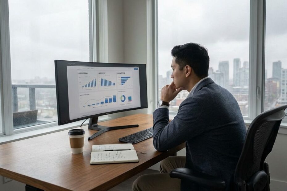 Founder reviewing a 13-week cash flow plan to extend runway during a market downturn