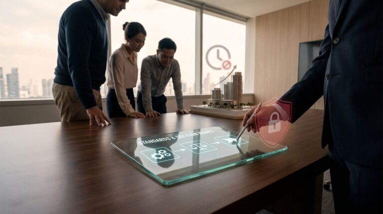 Founder at a whiteboard reviewing a process checklist with team members to reduce bottlenecks and scale a startup.