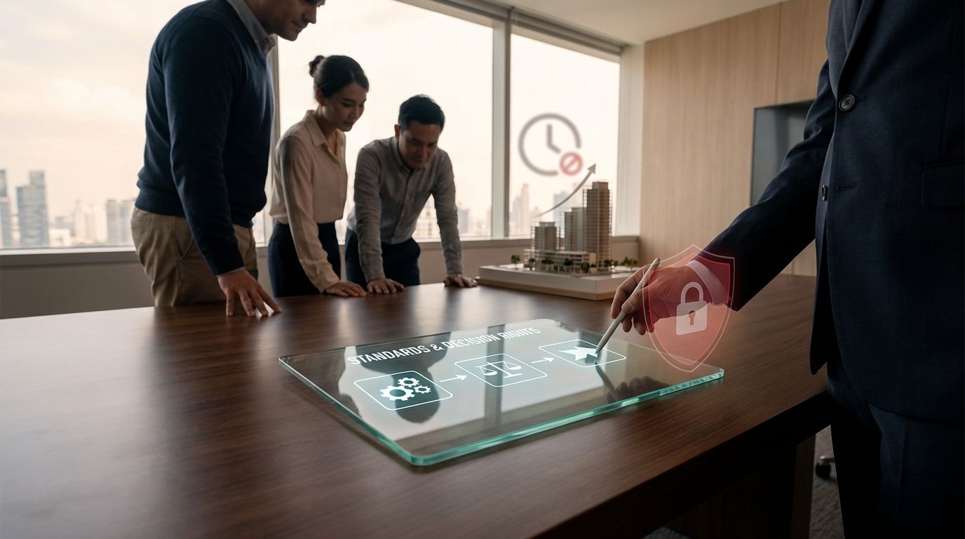 Founder at a whiteboard reviewing a process checklist with team members to reduce bottlenecks and scale a startup.