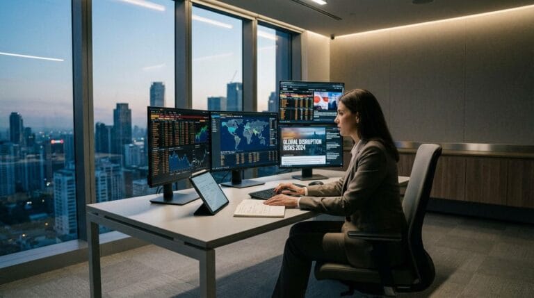Financial analyst reviewing a world map and market charts on screens as geopolitical risks disrupt international finance