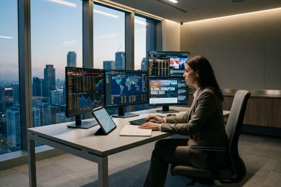 Financial analyst reviewing a world map and market charts on screens as geopolitical risks disrupt international finance