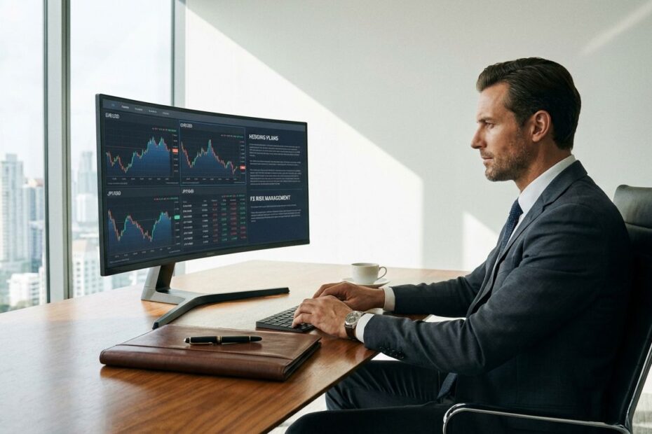 Finance professional reviewing currency charts and hedging strategy on a laptop in a modern office
