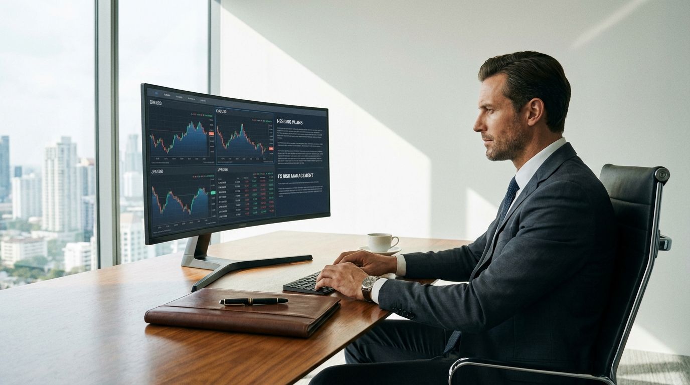 Finance professional reviewing currency charts and hedging strategy on a laptop in a modern office