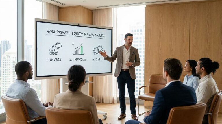 Finance professional explaining how private equity firms make money using management fees and carried interest