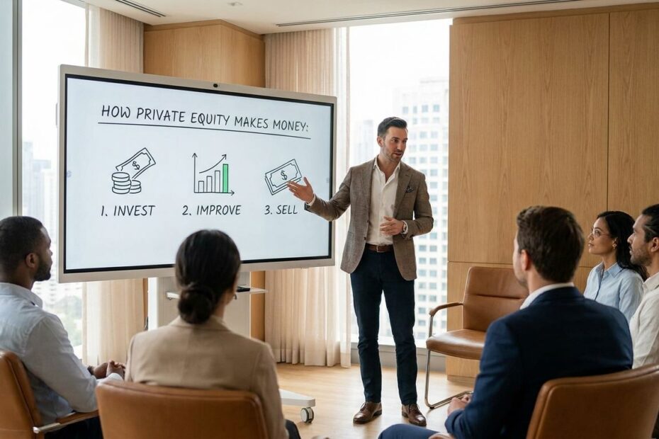 Finance professional explaining how private equity firms make money using management fees and carried interest