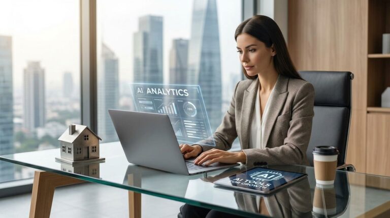 Real estate agent using AI tools on a laptop to manage listings, leads, and client communication