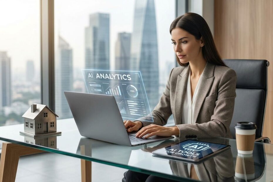 Real estate agent using AI tools on a laptop to manage listings, leads, and client communication