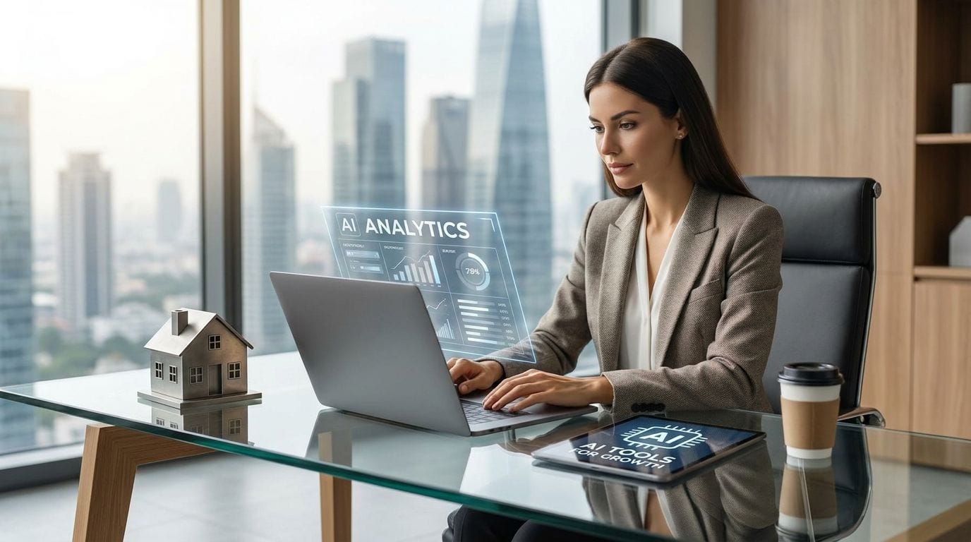 Real estate agent using AI tools on a laptop to manage listings, leads, and client communication