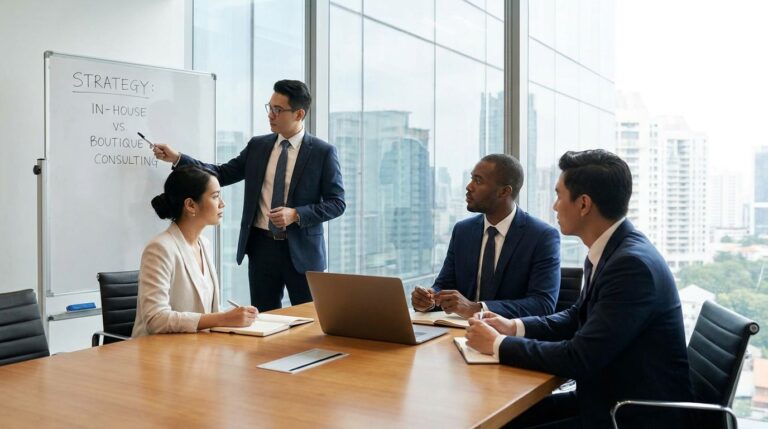 Business professionals reviewing in-house vs boutique consulting options during a strategy meeting