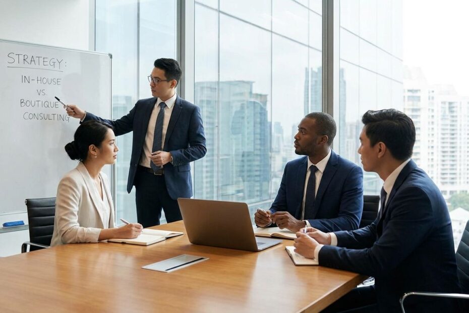 Business professionals reviewing in-house vs boutique consulting options during a strategy meeting