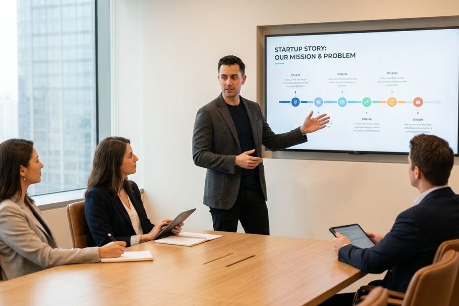 Founder presenting a clear pitch deck to investors in a startup meeting