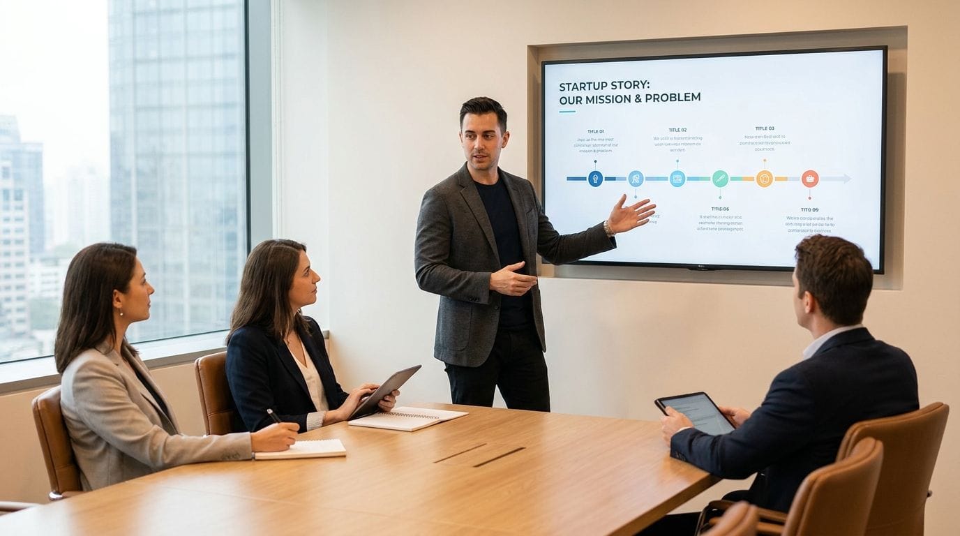 Founder presenting a clear pitch deck to investors in a startup meeting