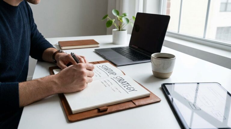 Entrepreneur reviewing startup plans and customer feedback at a desk