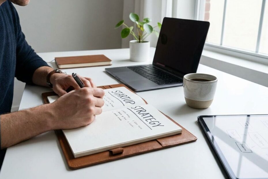 Entrepreneur reviewing startup plans and customer feedback at a desk
