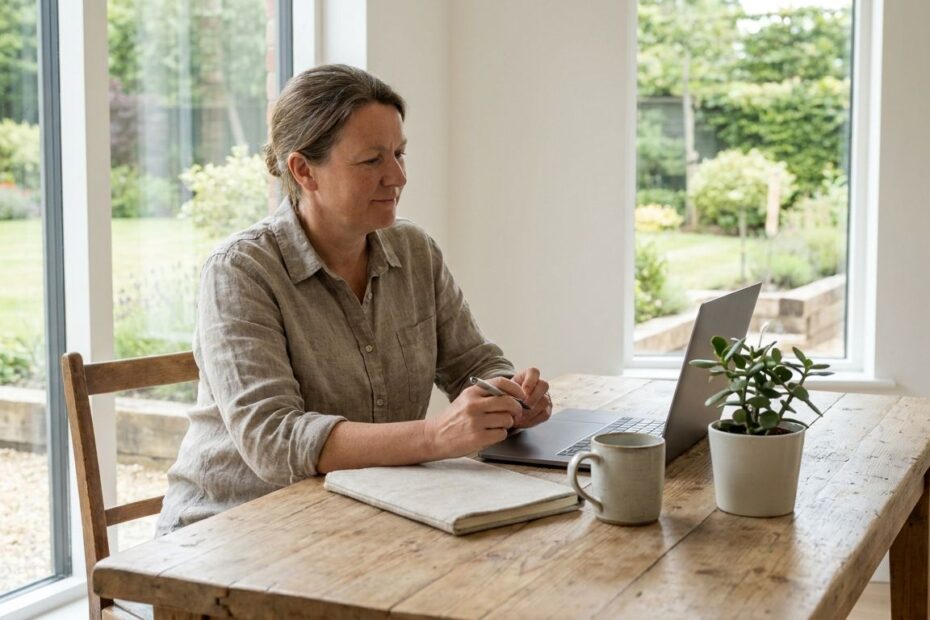 Entrepreneur sitting at a desk with a laptop and notebook, planning a sustainable business strategy instead of overwork