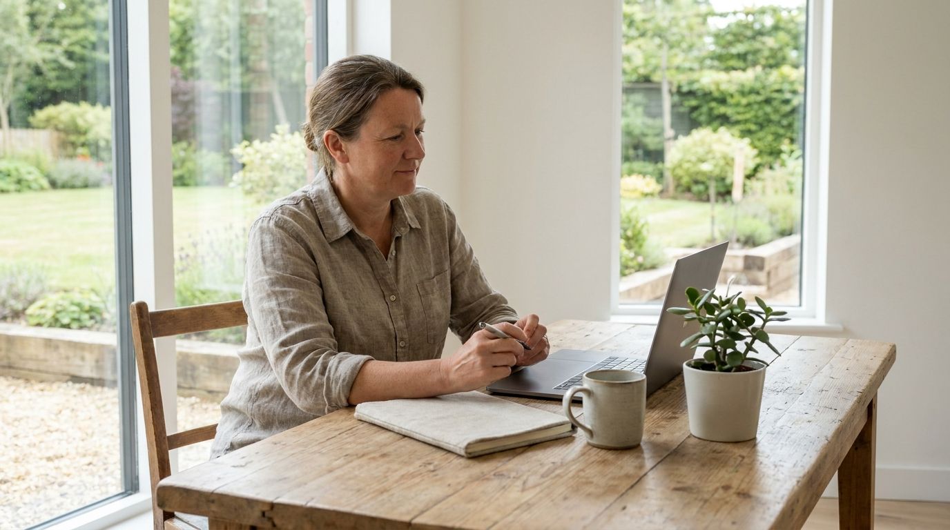 Entrepreneur sitting at a desk with a laptop and notebook, planning a sustainable business strategy instead of overwork